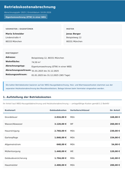 Vorschau der Muster-Betriebskostenabrechnung für eine Eigentumswohnung in einer WEG